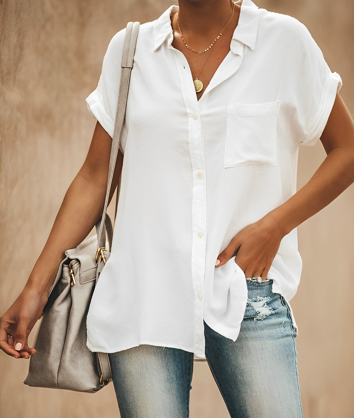 Short Sleeved Button Down Blouse For Women