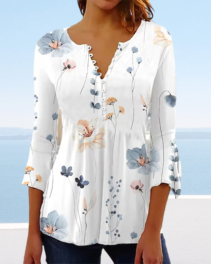 Elegant V-Neck Ladies Blouse With 3/4 Sleeves