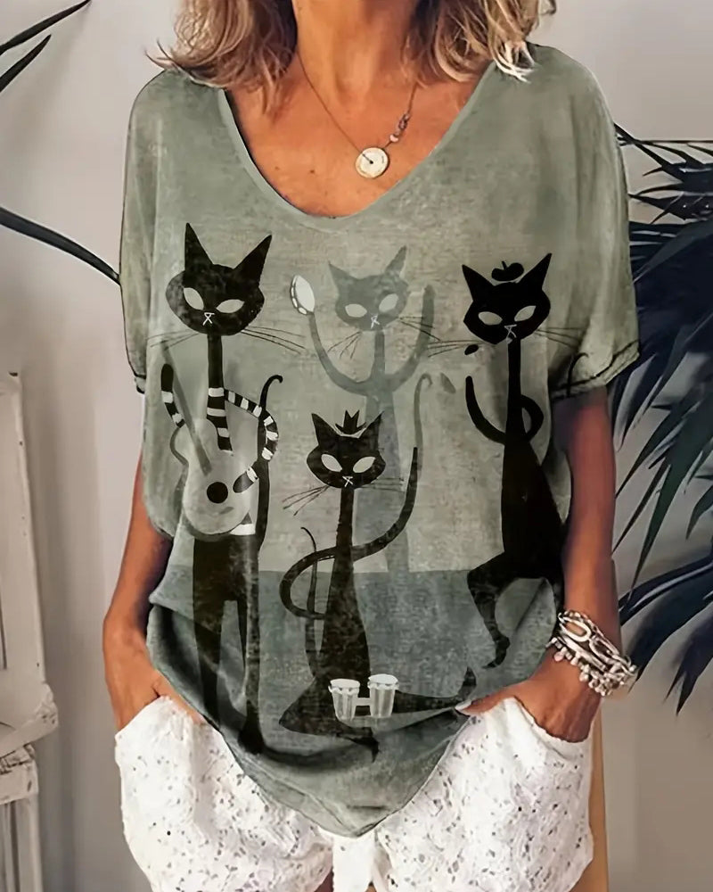 Check - T-Shirt With Cat Motif For Women