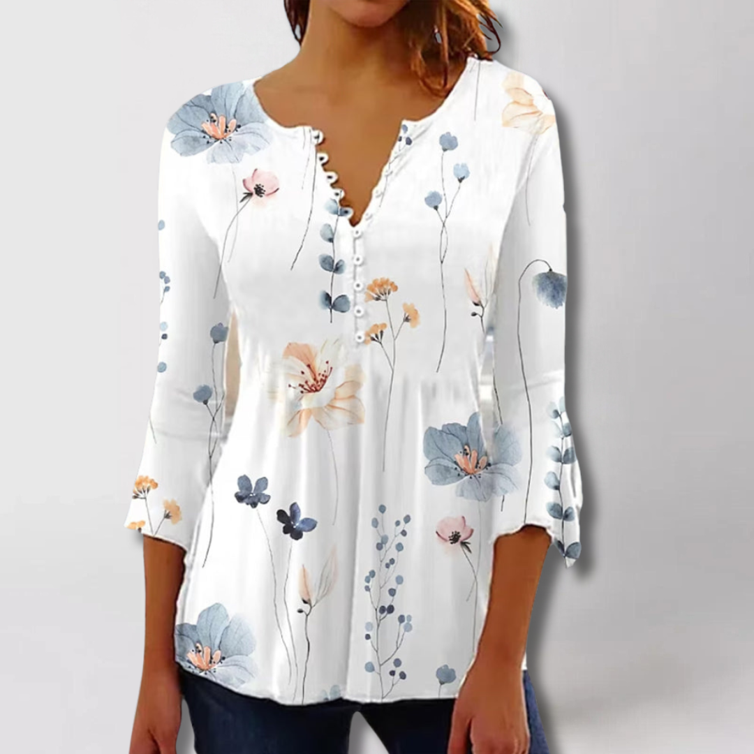 Elegant V-Neck Ladies Blouse With 3/4 Sleeves