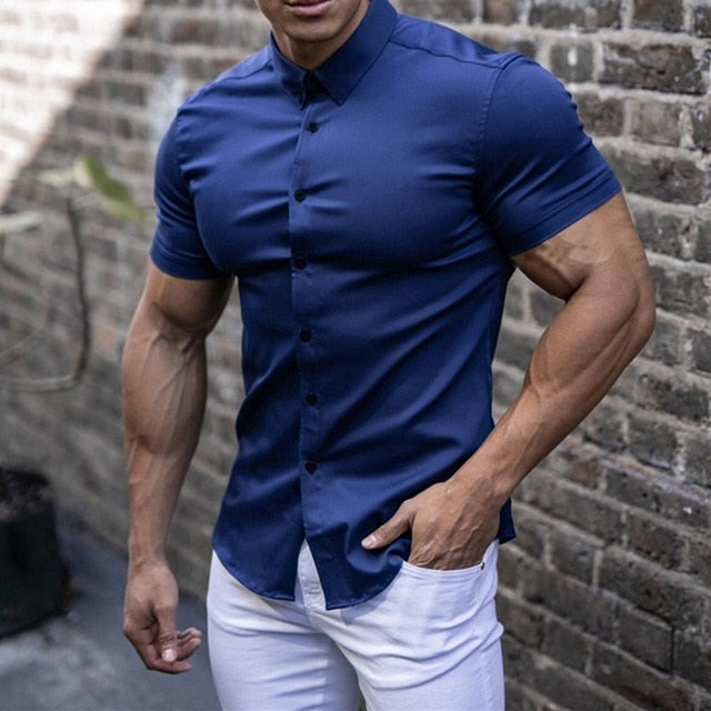 Men'S Elastic Slim Fit Short Sleeve Shirt