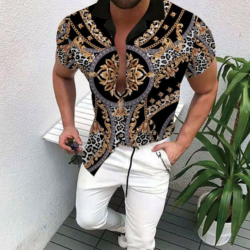 Printed Men'S Short Sleeve Shirt In Retro Style