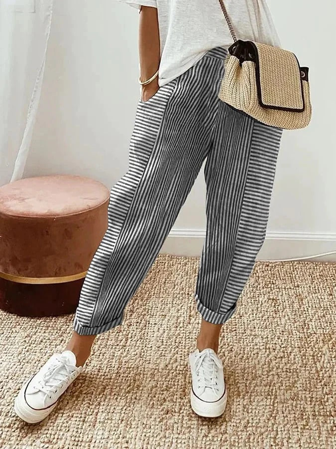 Women'S Loose Light Striped Cotton Trousers