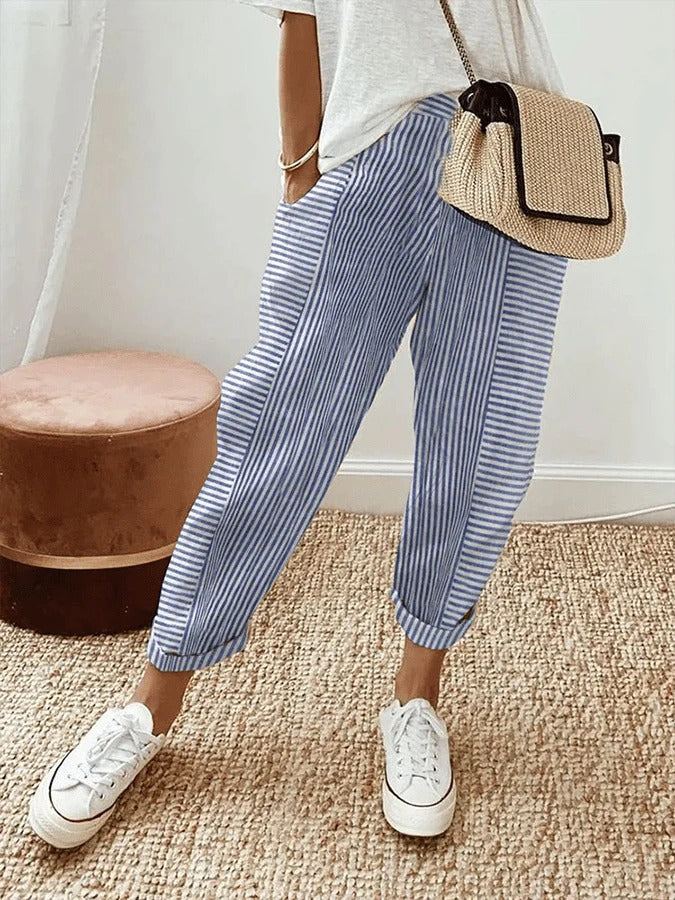 Women'S Loose Light Striped Cotton Trousers