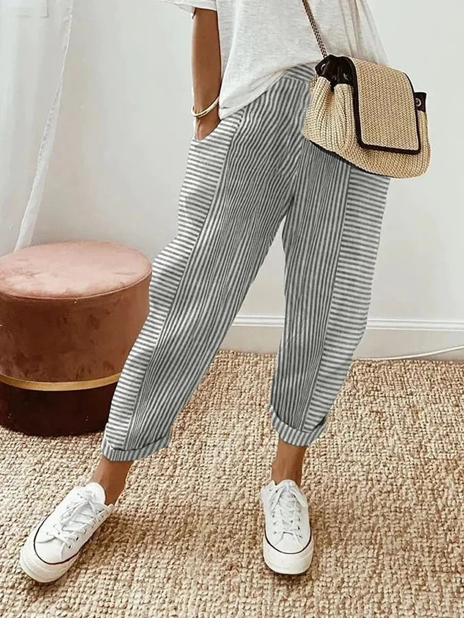 Women'S Loose Light Striped Cotton Trousers