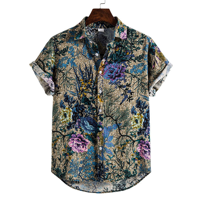 Men'S Printed Retro Short Sleeve Shirt In Cotton And Linen