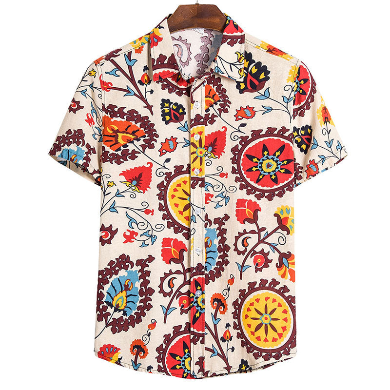 Men'S Printed Short Sleeve Shirt In Cotton And Linen