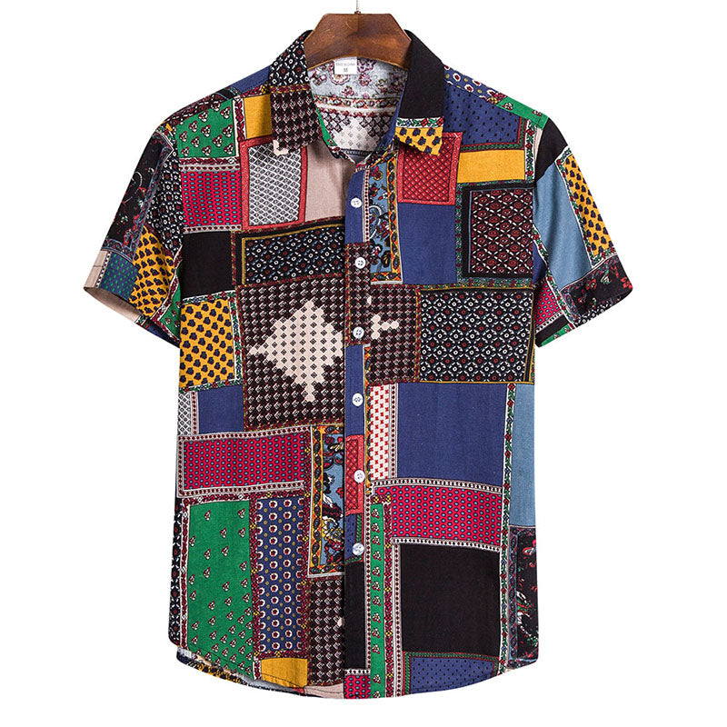 Stylish Men'S Short-Sleeved Shirt With Vintage Print Made Of Cotton