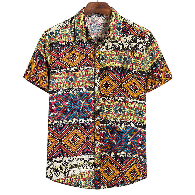 Stylish Men'S Short-Sleeved Shirt With Vintage Print Made Of Cotton