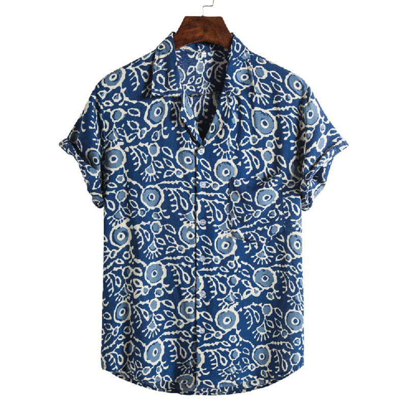 Stylish Men'S Short-Sleeved Shirt In Blue With Vintage Cotton Print