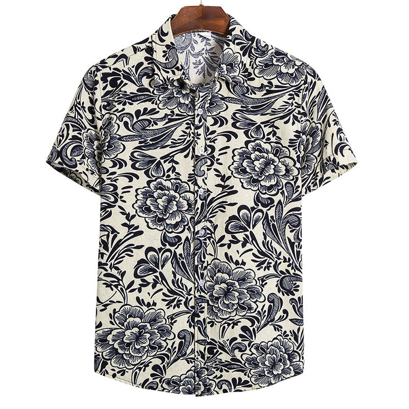 Men'S Printed Short Sleeve Shirt In Cotton And Linen