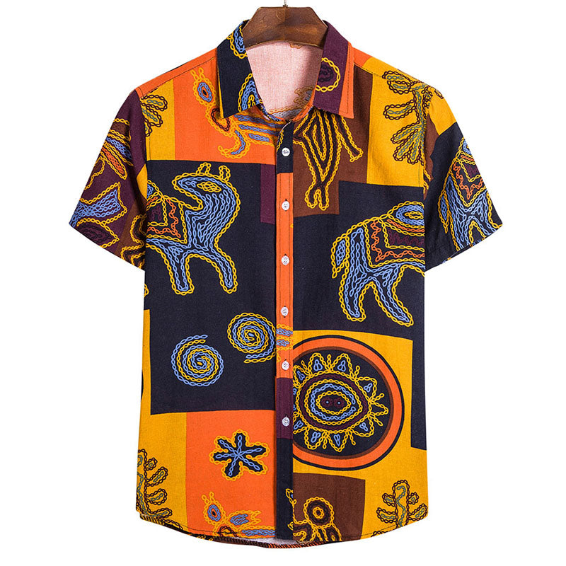 Men'S Printed Short-Sleeved Shirt Made Of Cotton And Linen