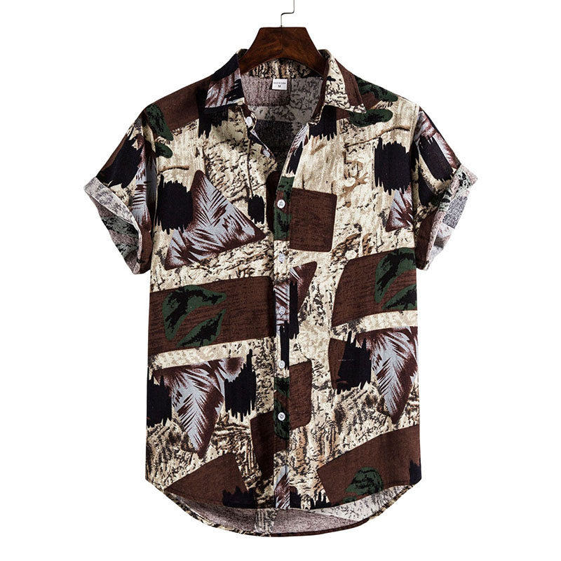 Men'S Printed Vintage Short Sleeve Shirt In Cotton And Linen