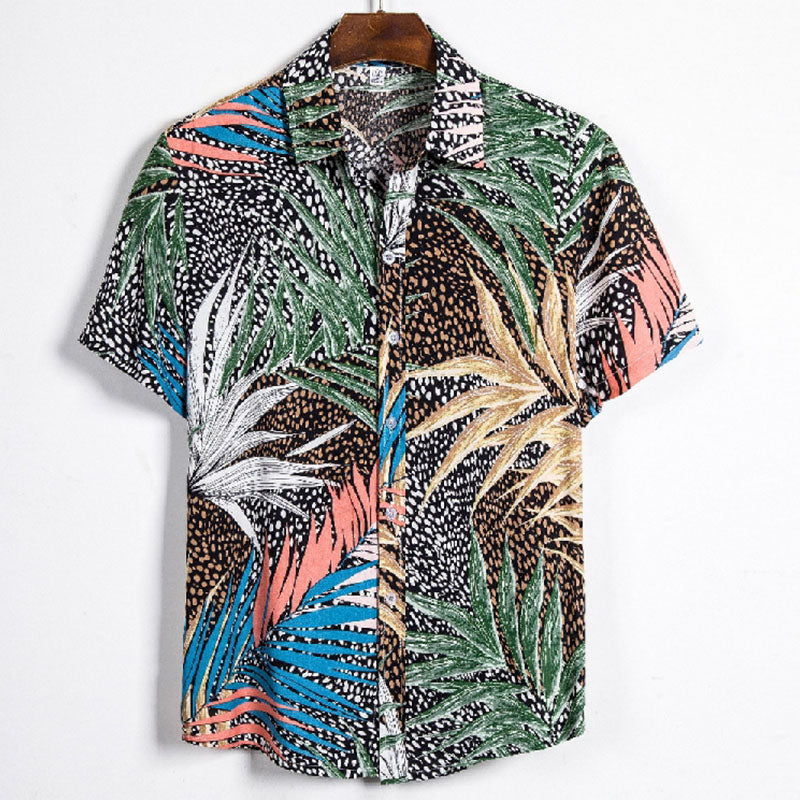 Men'S Printed Short-Sleeved Shirt Made Of Cotton And Linen