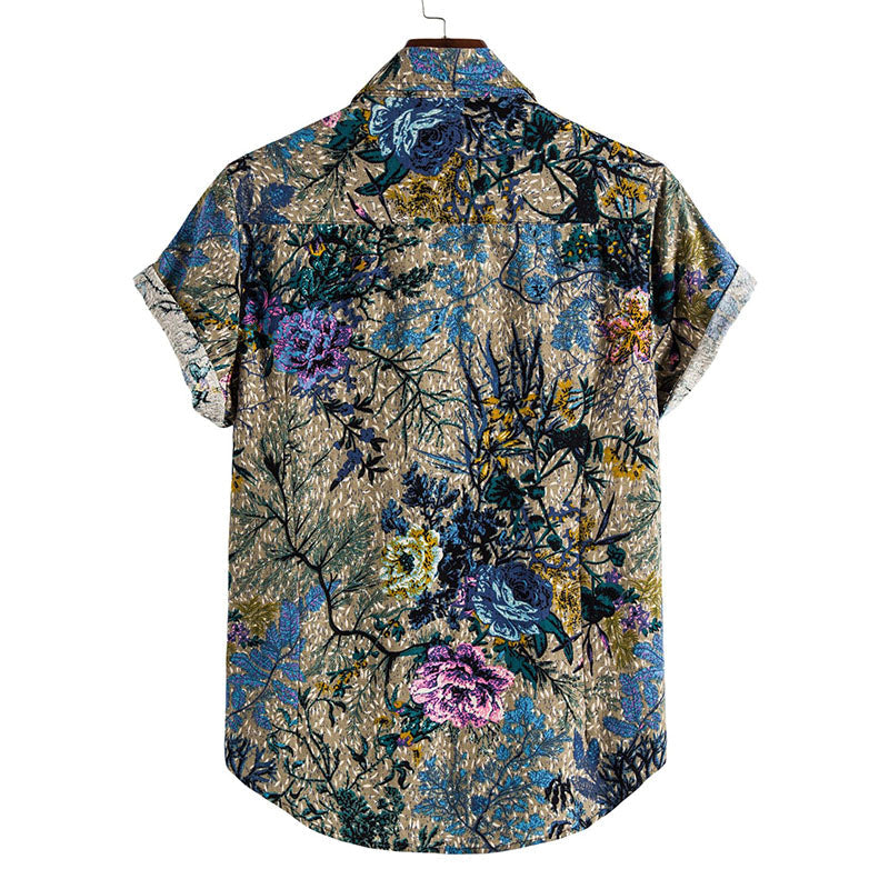 Men'S Printed Retro Short Sleeve Shirt In Cotton And Linen