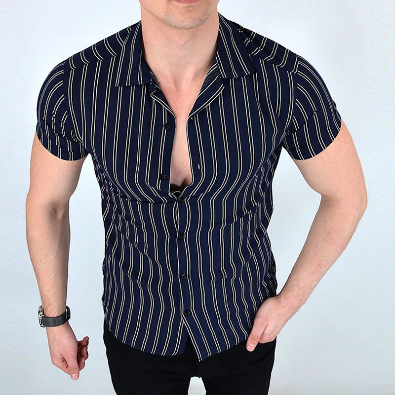 Men'S Striped Short Sleeve V-Neck Shirt