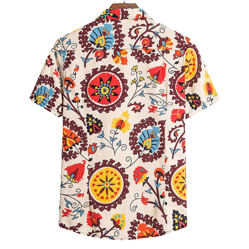 Men'S Printed Short Sleeve Shirt In Cotton And Linen