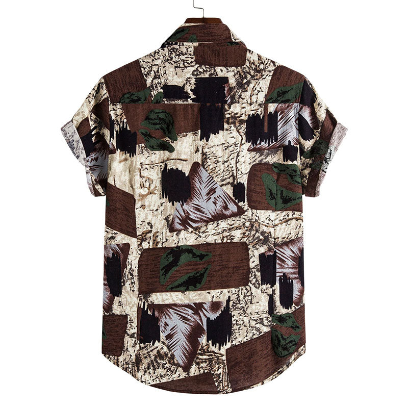 Men'S Printed Vintage Short Sleeve Shirt In Cotton And Linen