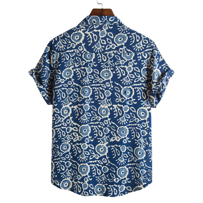 Stylish Men'S Short-Sleeved Shirt In Blue With Vintage Cotton Print