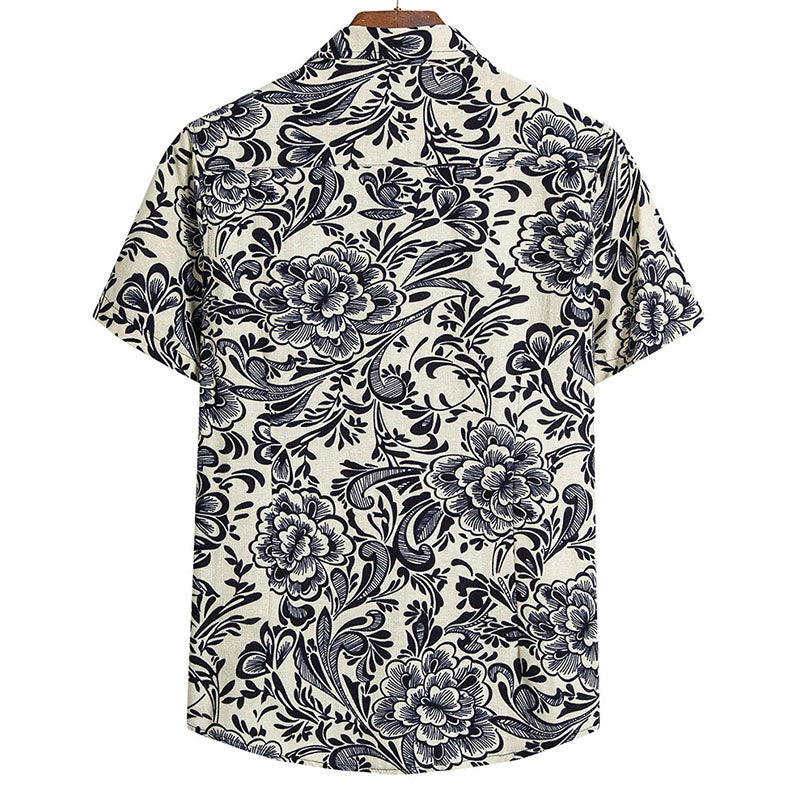 Men'S Printed Short Sleeve Shirt In Cotton And Linen