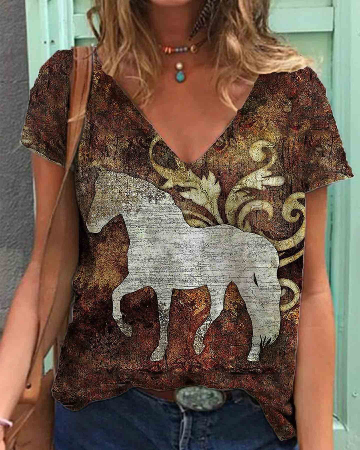 Unique V-Neck Women'S Blouse With Vintage Print