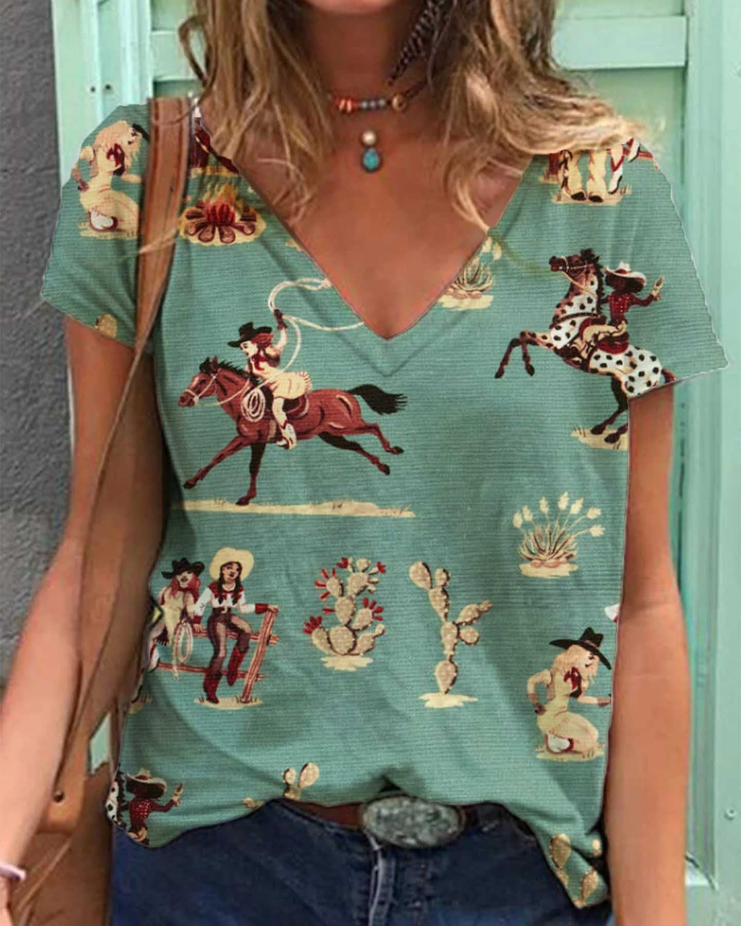 Unique V-Neck Women'S Blouse With Vintage Print