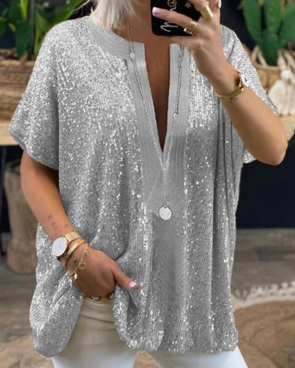 Sequin V-Neck Blouse For Women