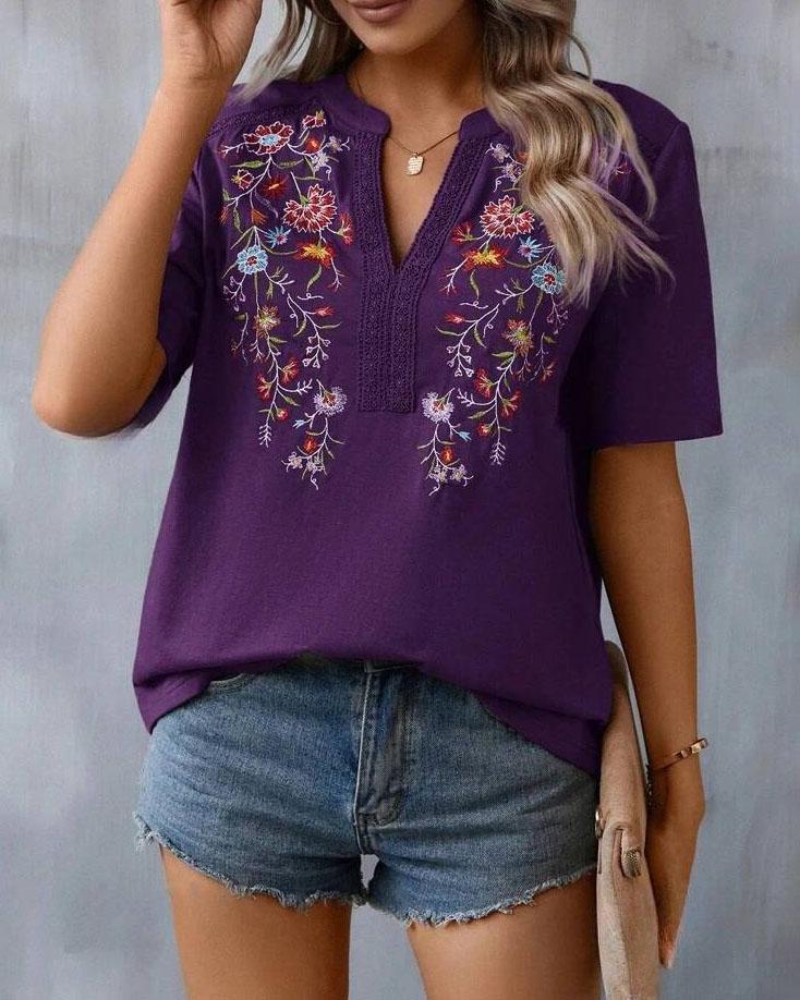 Embroidered Patchwork Lace Blouse For Women