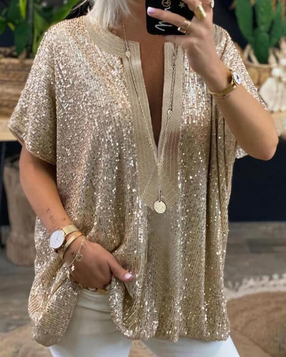 Sequin V-Neck Blouse For Women