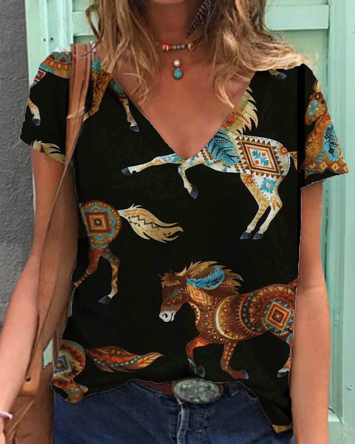 Unique V-Neck Women'S Blouse With Vintage Print