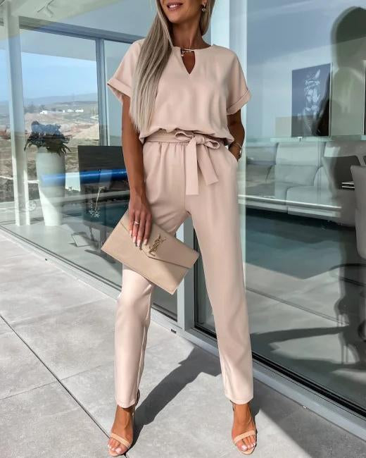 Women'S V-Neck Belted Jumpsuit