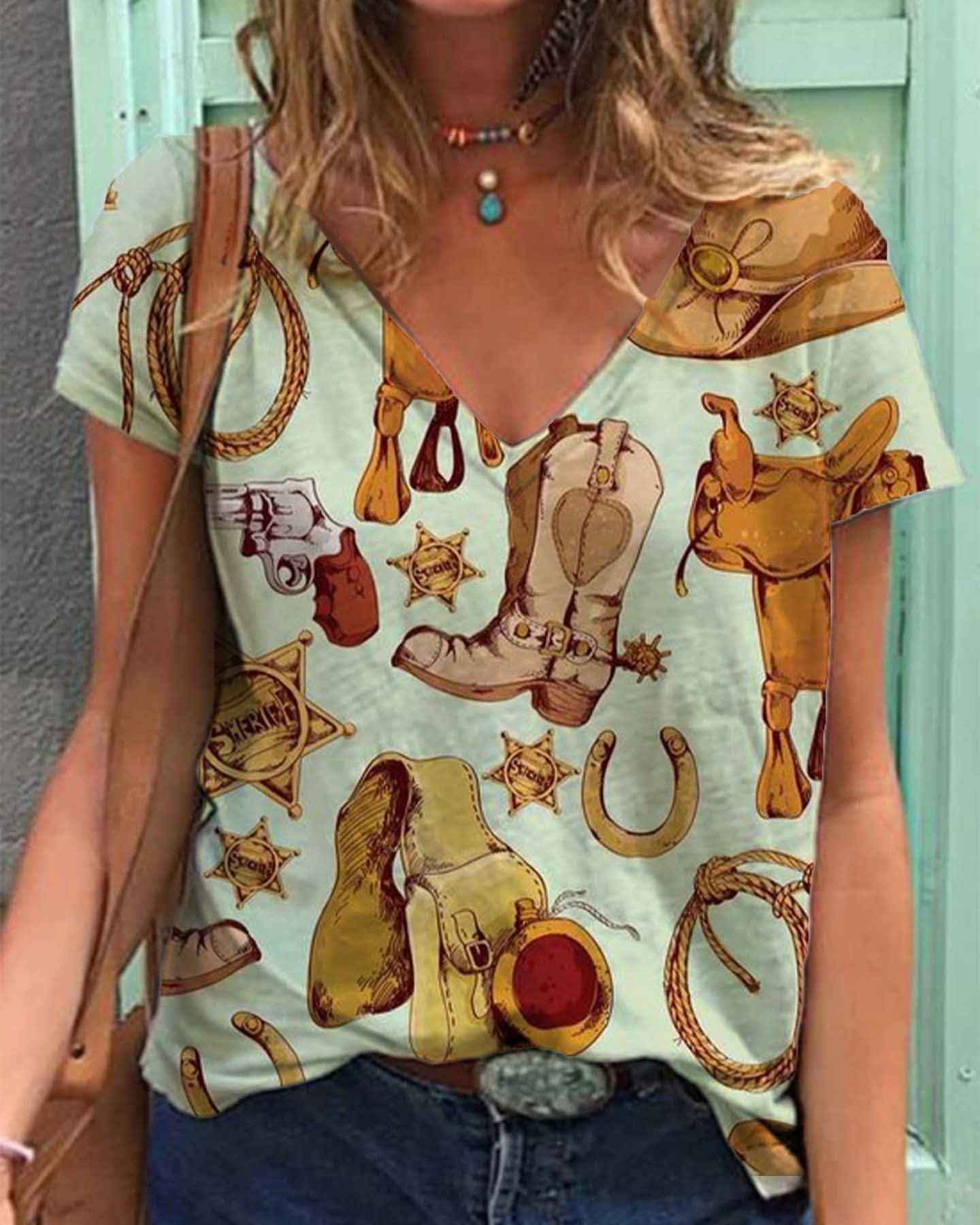 Unique V-Neck Women'S Blouse With Vintage Print