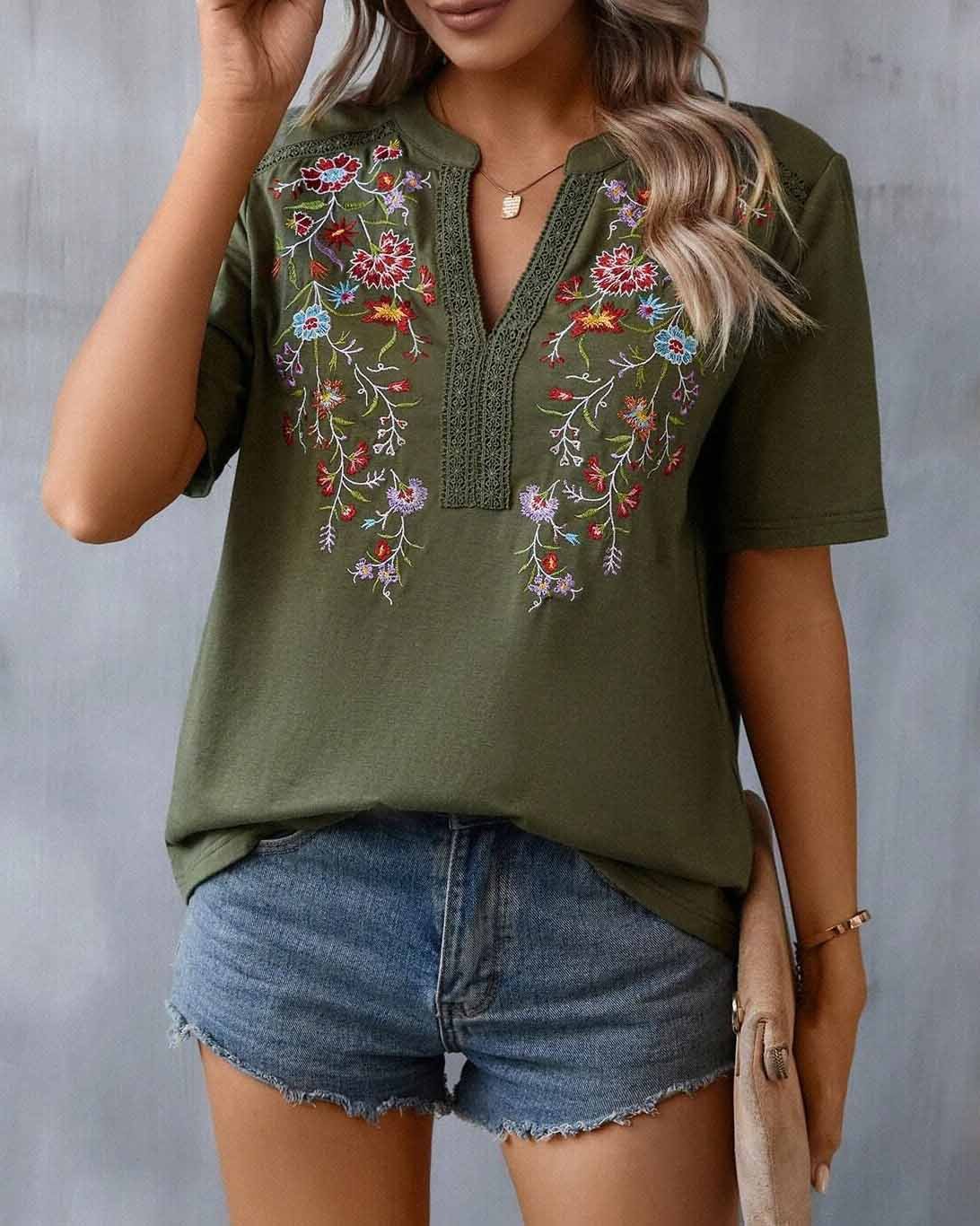 Embroidered Patchwork Lace Blouse For Women