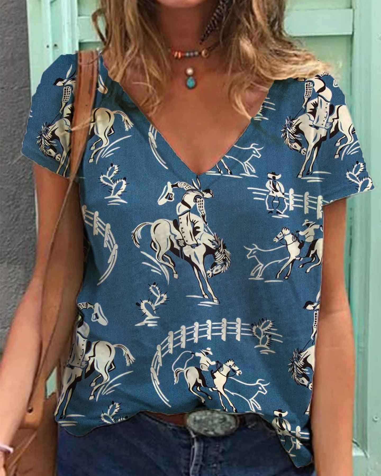 Unique V-Neck Women'S Blouse With Vintage Print