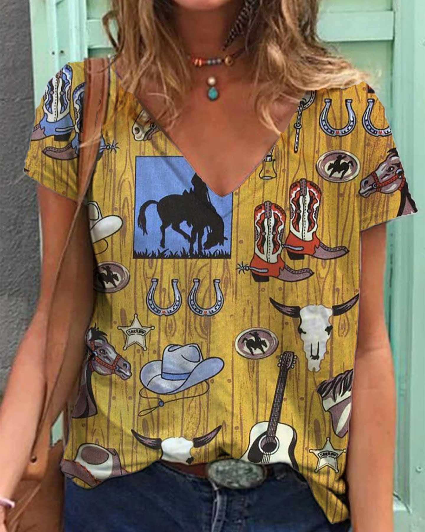 Unique V-Neck Women'S Blouse With Vintage Print