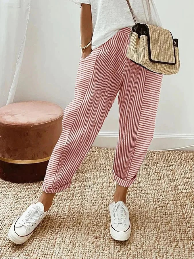 Women'S Loose Light Striped Cotton Trousers